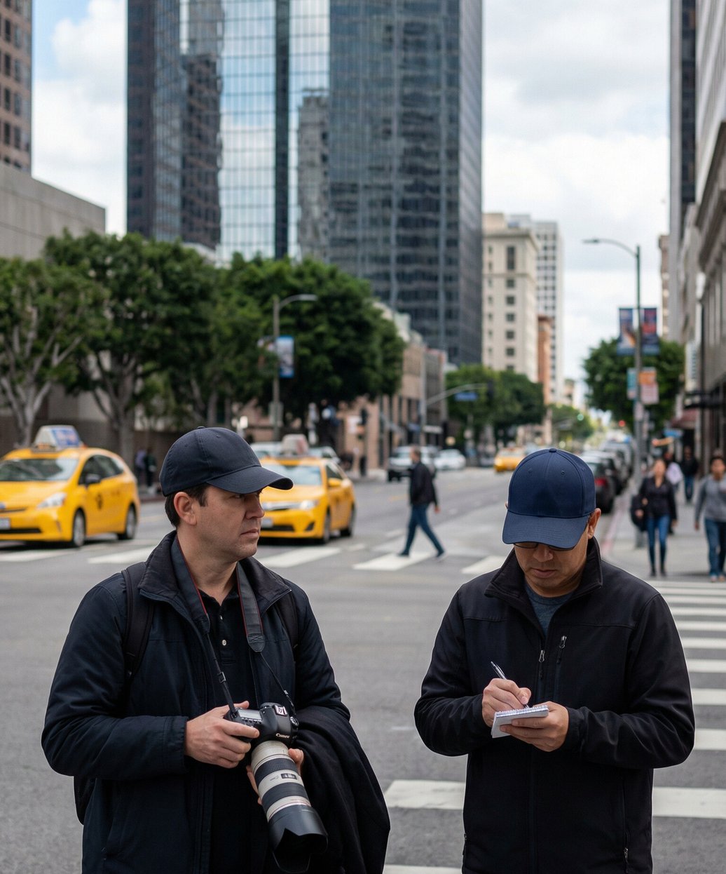 Los Angeles private investigators discreetly conducting insurance and workers’ compensation investigations with cameras and surveillance gear in a busy LA urban street setting